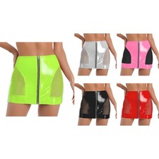 Womens Glossy PU Bodycon Miniskirt Wet Look Skirt with Front Zipper Party Dance