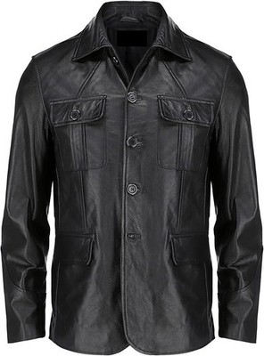 Herren Schwarz Leder Blazer Premium Echt Klassisch Bond Inspiriert Mantel Jacke