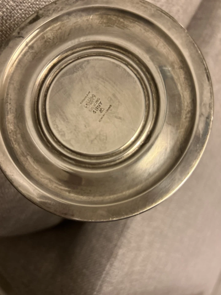 "Antiguo jarrón trompeta brote plata esterlina pura de 12"" con borde con volantes ponderado monograma" Foto 3 de 4