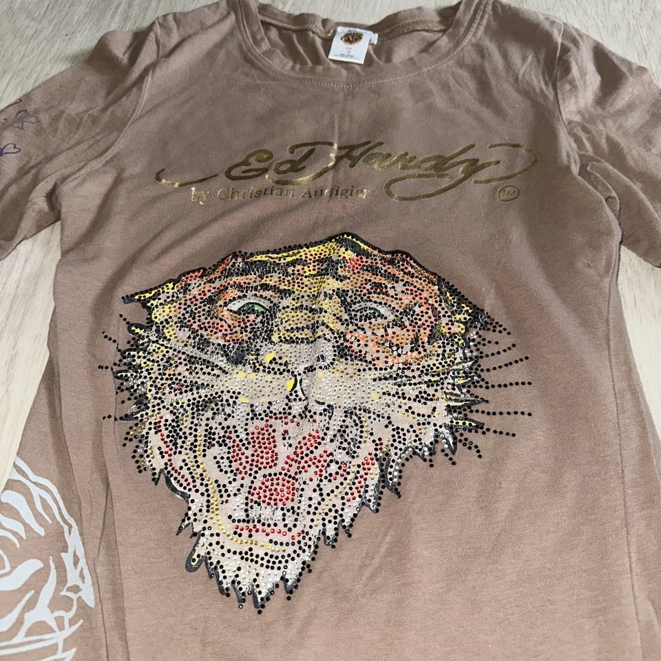 Camisa para mujer vintage Ed Hardy tatuaje manga larga tachonada tigre talla S beige Foto 2 de 4