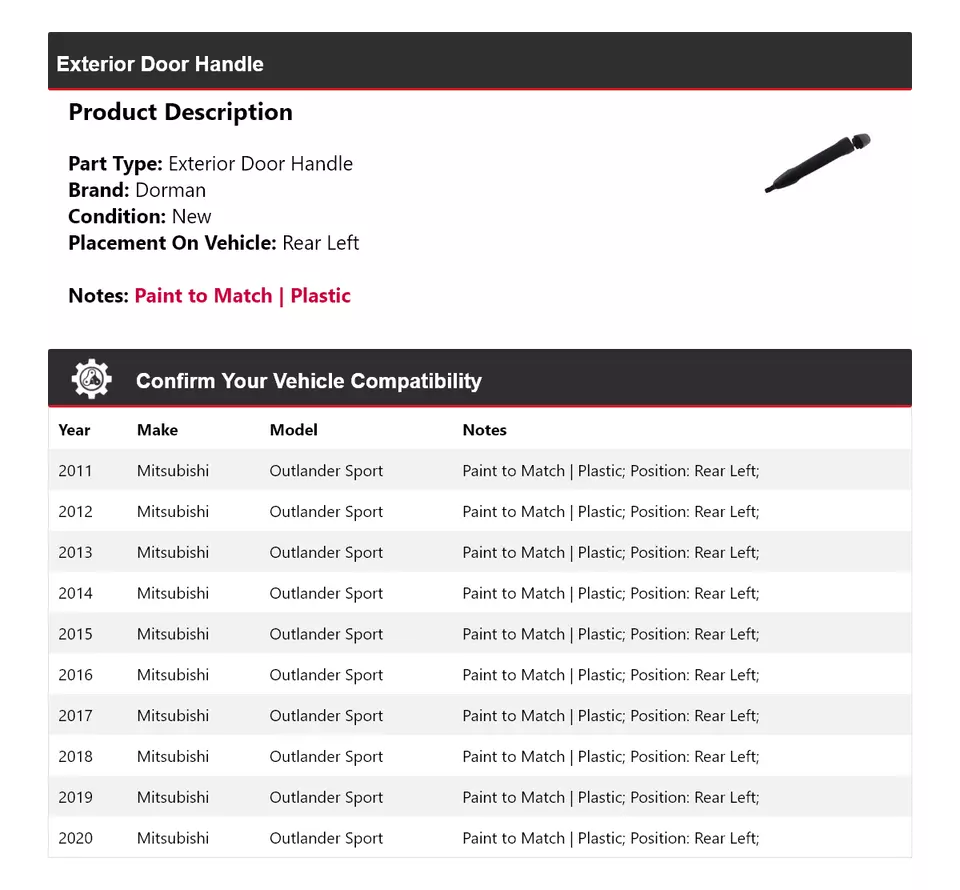 Manija de puerta exterior trasera izquierda para Mitsubishi Outlander Sport Dorman 2011-2020 Foto 2 de 4