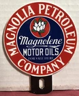 VINTAGE MAGNOLIA PETROLEUM COMPANY 5” PORCELAIN GAS MOTOR OIL TAG TOPPER SIGN