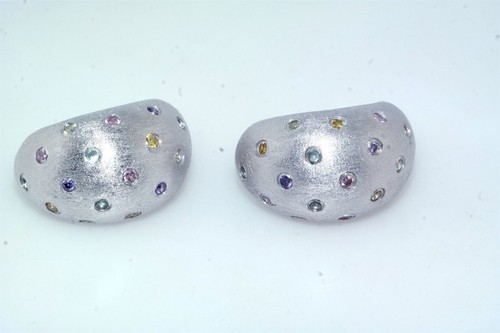 Multi Colored Stone Frosted Sterling Silver Hoop Earrings