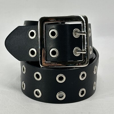 Target Biker Belt Women M Black Faux Leather Double Prongs Silver