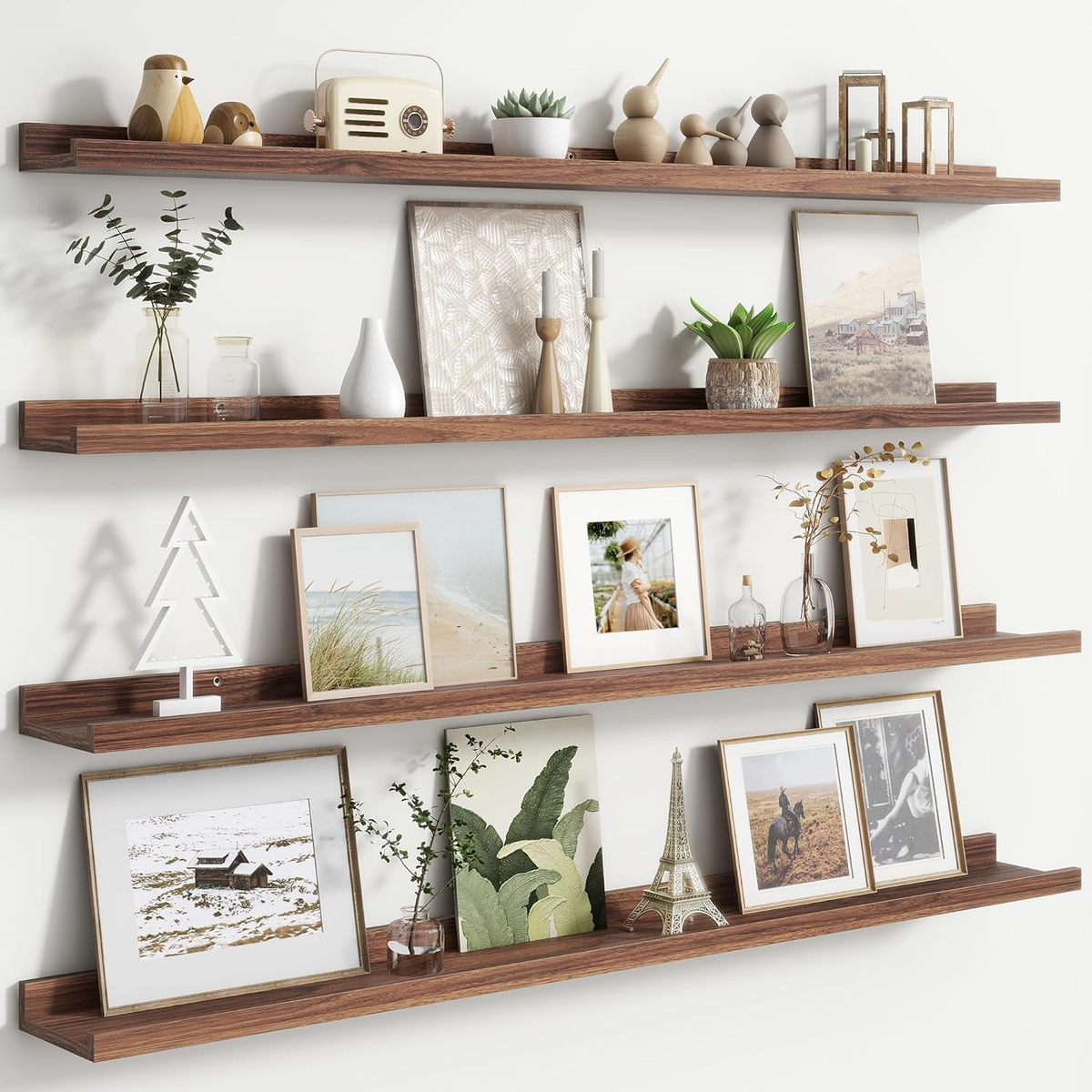 48 Inch Walnut Modern Wall-Mounted Wooden Picture Ledge Bookshelf
