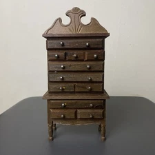 Vintage Doll House Miniature Tall Highboy Wooden Chest Of Drawers Dresser 1:12