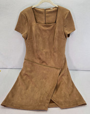 Calvin Klein Camel Faux Suede Sheath Dress Faux Wrap Short Sleeve $134 Sz 10
