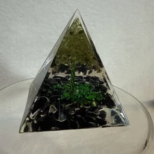 Tree of Life Orgonite Pyramid Obsidian Peridot Gemstone Orgone Reiki Energy Heal