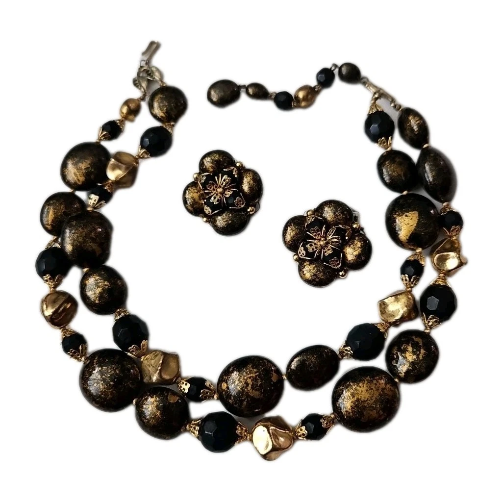 VETEMENTS Collana e orecchini clip vintage Deauville 2 fili vetro nero e toni oro