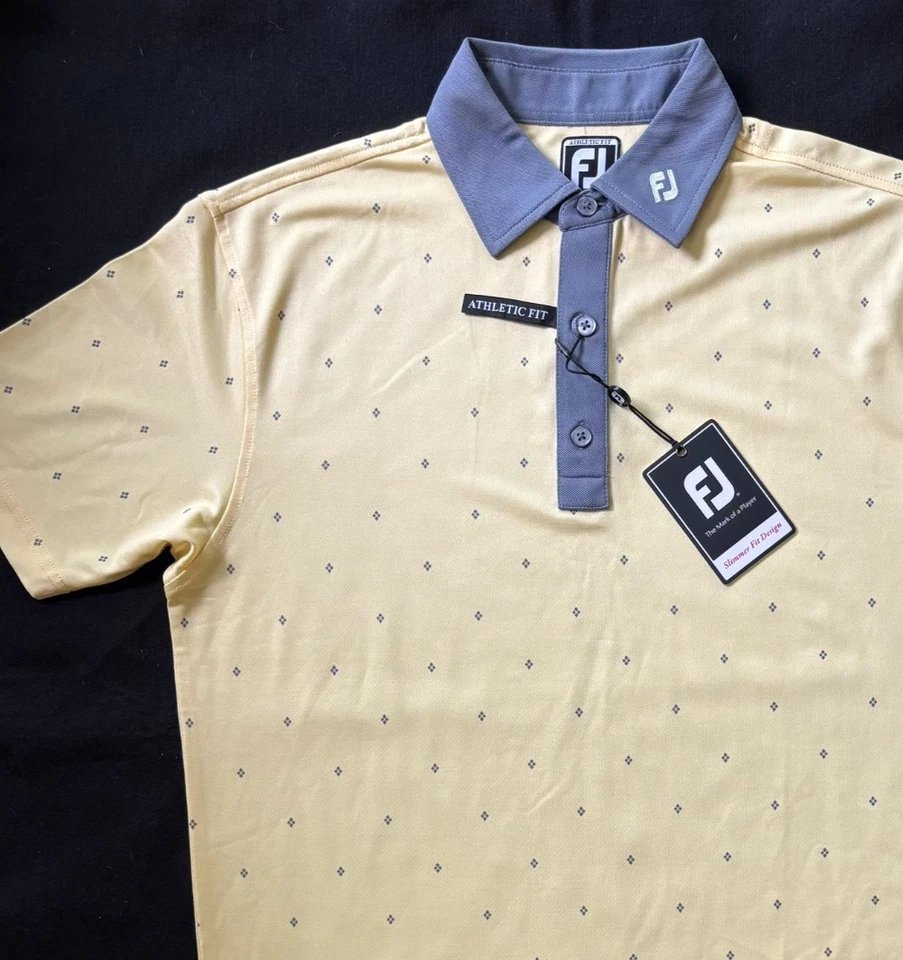 Footjoy Men Golf Shirt Birdeye Argyle Print Yellow Grey Titliest Patch Size M - Image 2 of 4