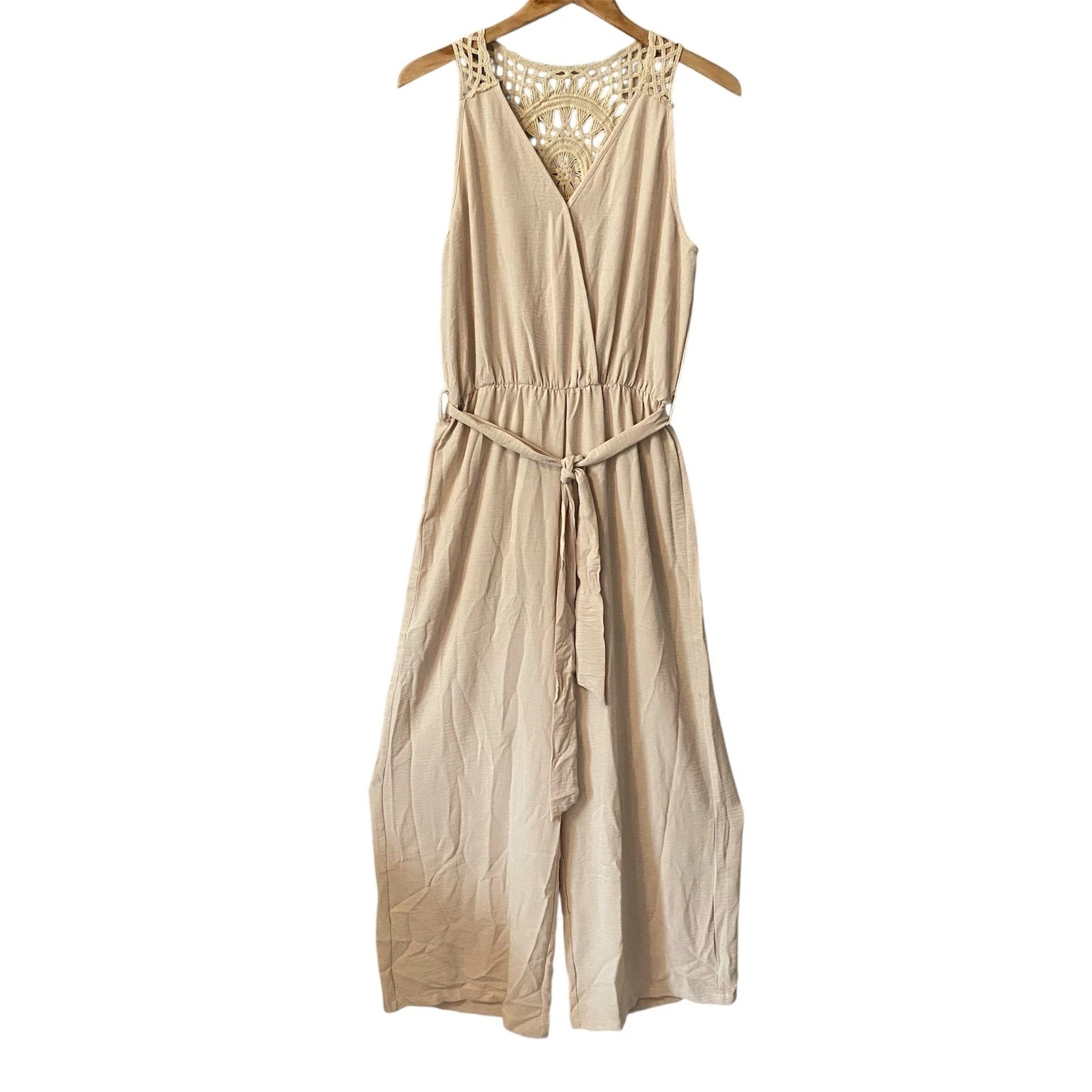 Cupshe Womens Beige Crochet Back V-Neck Wide Leg Boho Jumpsuit Size Large