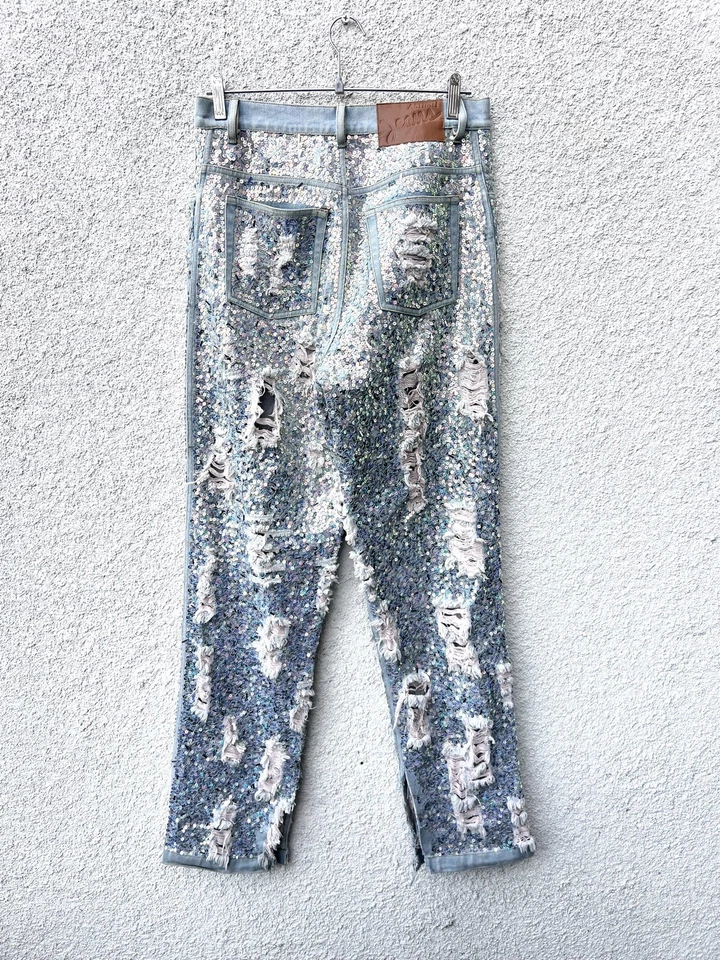Ashish Pink Denim Distressed Hand Embroidered Sequined Jeans w/ Beading M 30” - Image 2 of 4