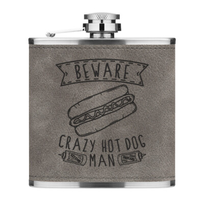 Vorsicht Crazy Hot Dog Mann 6 Unzen PU Leder Flachmann Grau Fast Food Lustig Chili