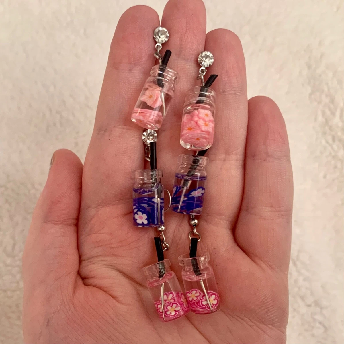 3 pairs mini drink earrings with pink and blue flowers diamante