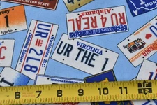 By 1/2 Yd, Colorful Vanity License-Plates on Blue Flannel, Clever Sayings, EB14