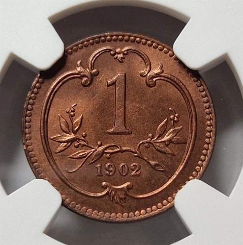 AUSTRIA HUNGARY Empire 1 Heller 1902 NGC MS 65 RB UNC Red bronze Eagle #072