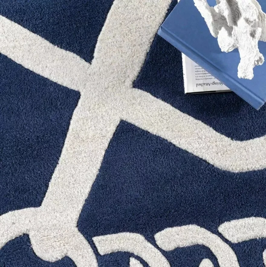 Alfombra de área azul marino con ancla náutica acolchada a mano alfombra suave de lana para decoración del hogar Foto 4 de 4