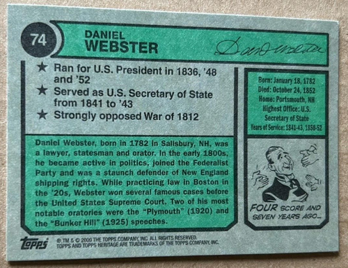 2009 TOPPS AMERICAN HERITAGE DANIEL WEBSTER #74 NM-MT Condition - Picture 2 of 2