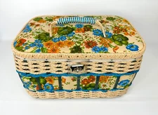 Vintage 1970's Sears Woven Sewing Basket Large Floral With Tray Insert