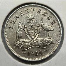 1924 Threepence Coin - almost Extremely Fine - George V Silver Predecimal