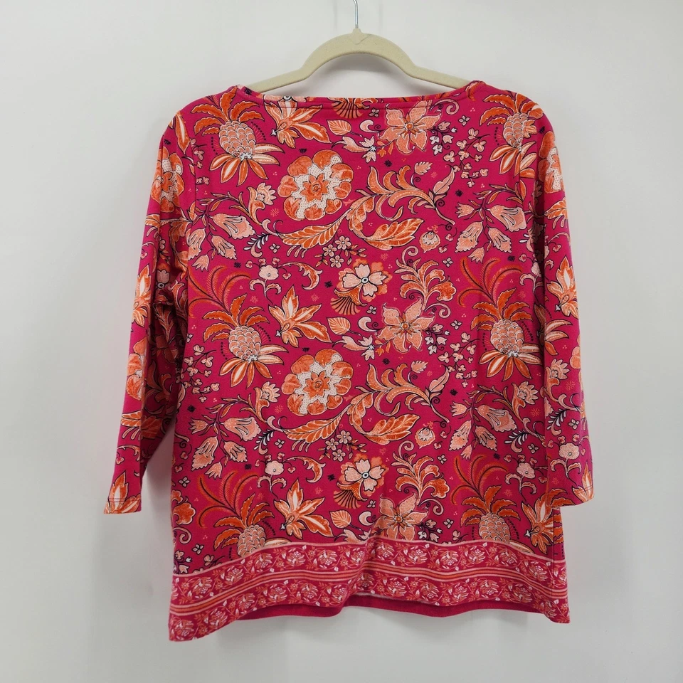 Camiseta Talbots Petite Grande Rosa Naranja Floral Colorida Manga 3/4 Algodón Spandex Foto 2 de 4
