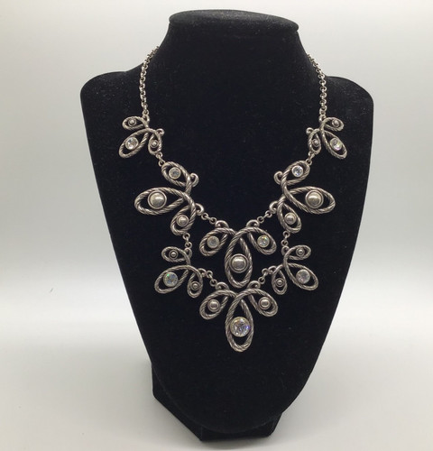 Brighton Silver Tone Scroll Statement Bib Necklace w/ Crystals – Elegant