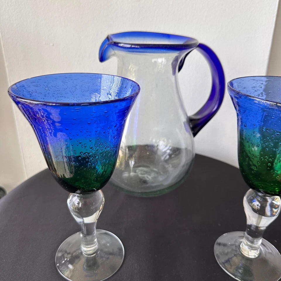 Juego de 2 copas vintage mexicanas de vidrio soplado a mano y verde azul cobalto Foto 2 de 4
