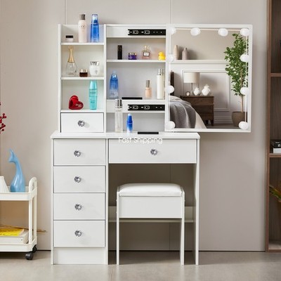 Vanity Table Set + Stool Makeup Dressing Desk 6 Drawers with Led Lighted Mirror