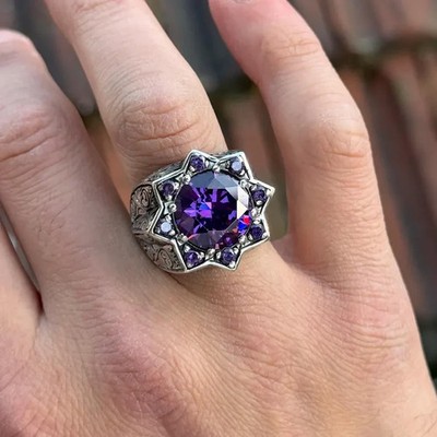 AAA QUALITY SOLID STERLING 925 SILVER MEN'S JEWELRY HANDGRAVED AMETHYST RING