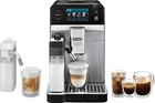 DELONGHI ECAM 470.85.MB Eletta Ultra coffee machine with touchscreen display, surrounded by black coffee cups and water reservoir.