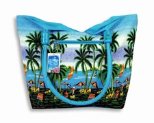 Palm Tree Water Resistant Blue Canvas Beach Tote Bag Wood Balls Zipper 21X15x6"