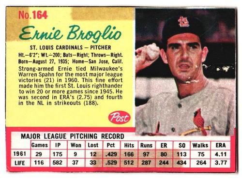 1962 Post Cereal Baseball #164 Ernie Broglio - G