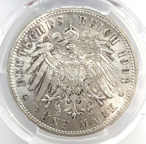 German State Baden 1903 5 Mark Coin Thaler PCGS MS 65+ Taler STG UNC RARE BU/TOP - Picture 2 of 3
