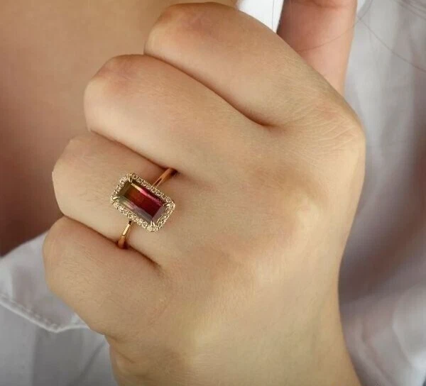 Anillo Esmeralda Art Deco Sandía Natural Bicolor Plata Esterlina Placa Oro 18k Foto 3 de 4