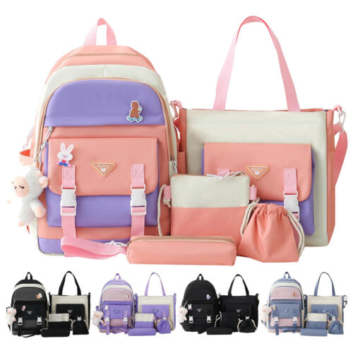 Kawaii Backpack Set 5 Pcs Canvas School Backpack Combo Shoulder Bag Pencil Bag - Picture 1 of 17