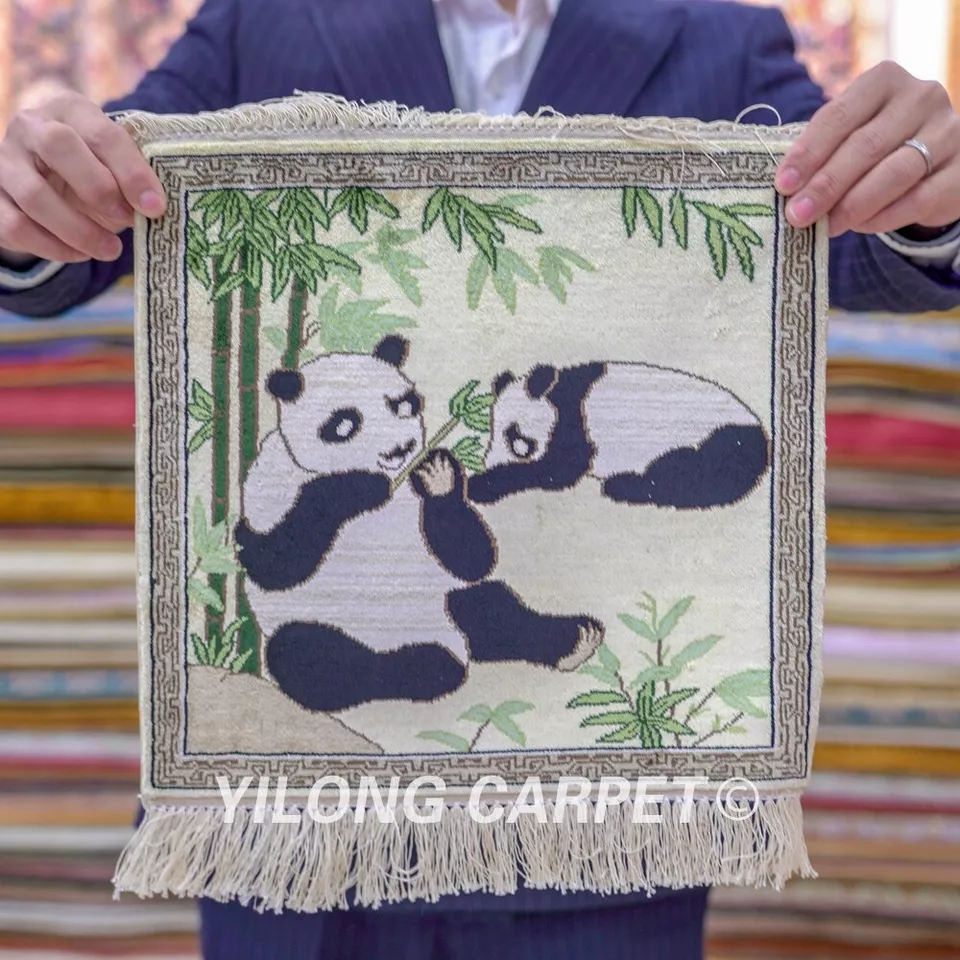 1'x1' Small Handmade Silk Carpet Panda Tapestry High Density Indoor Rug 018H - Image 2 of 4