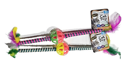2 Pack Cat Pals Cat Toy Feather Teaser Classic Run Roll Play Bell Inside 13in