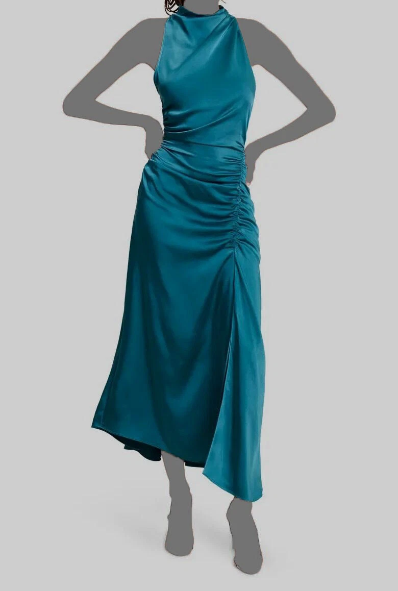 497 A.L.C. Women s Green Cowl Neck Inez Sleeveless Ruched A Line