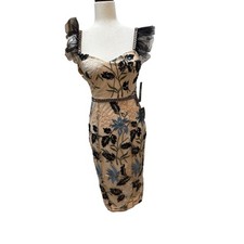 Lulus Dress Women XS Beige Floral Embroidered Tulle Ruffle Sequin Cocktail