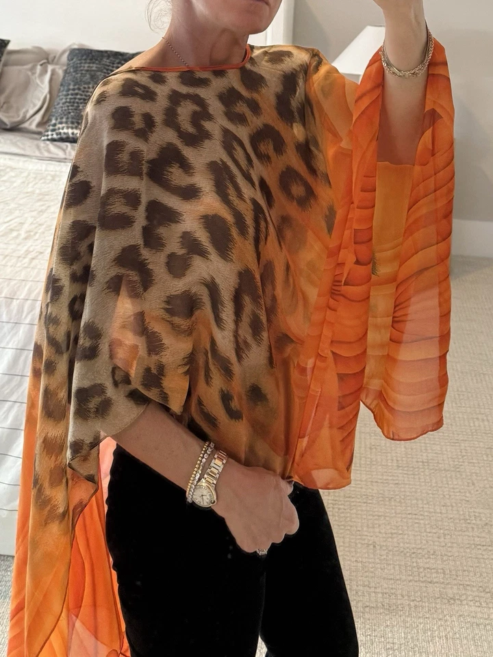 Poncho Top Asimétrico Un Hombro Leopardo Transparente y Naranja de Gasa Foto 3 de 4