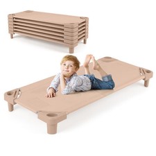 Kids Stackable Daycare Cot Pack of 6 with Detachable Oxford Cloth-Beige - Color: