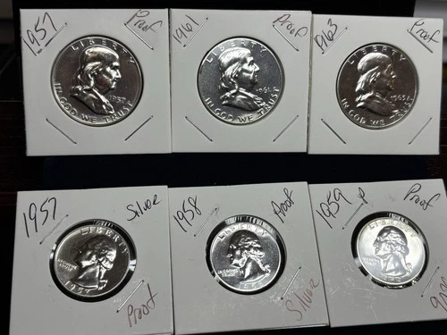 1957-1963 Silver Proof Set Franklin Halves & Quarters 90% Choice Mirrors