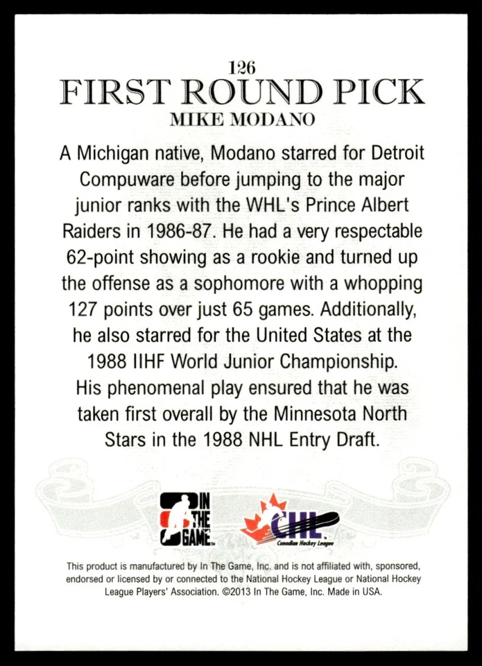 2013-14 In The Game Draft Prospects FIRST ROUND PICK MIKE MODANO #126 - Image 2 of 2