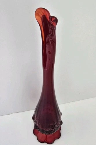 Vintage Fenton Ruby Red Swung Glass Bud Vase 10 Inch Scalloped Base