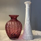 Lot Of  2 Beautiful VTG Bud Vases Anchor Hocking milk Pilgrim Glass Cranberry!!!