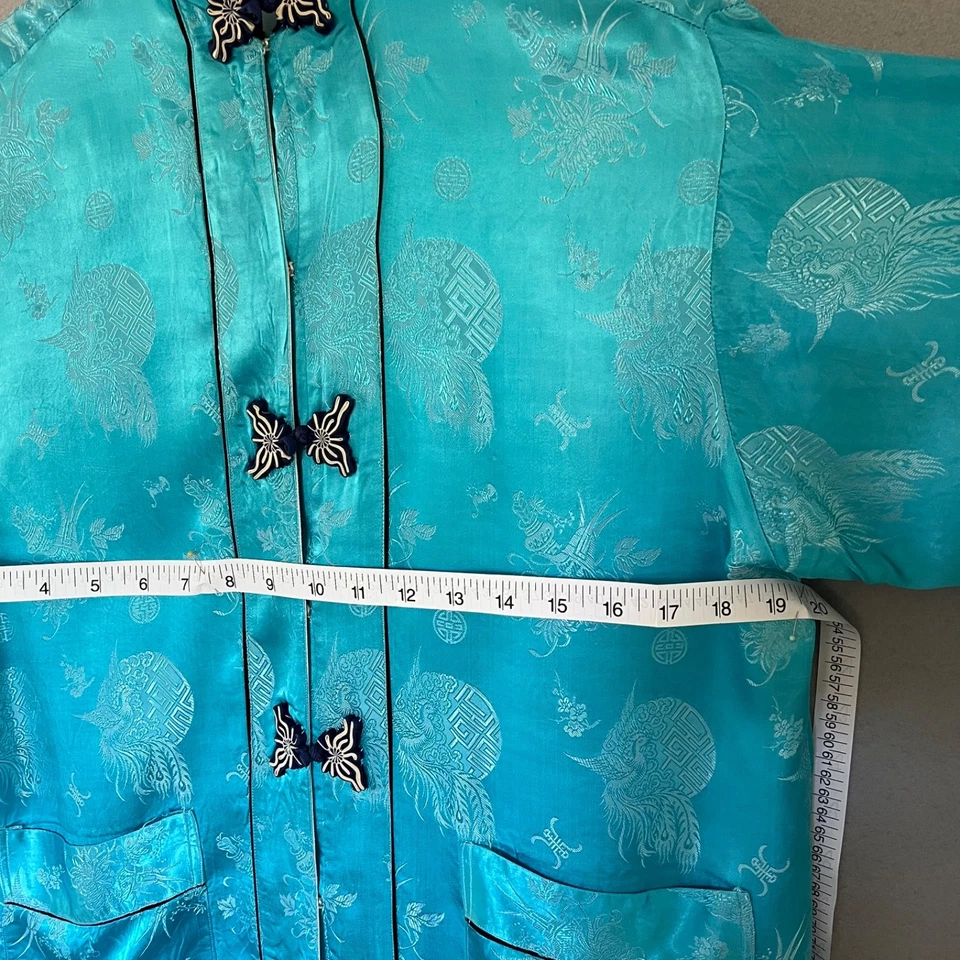 Antigo Roupão Kimono Brocado 100% Seda, Tamanho M, Azul, Padrão Phoenix, Bom Estado - Imagem 4 de 4