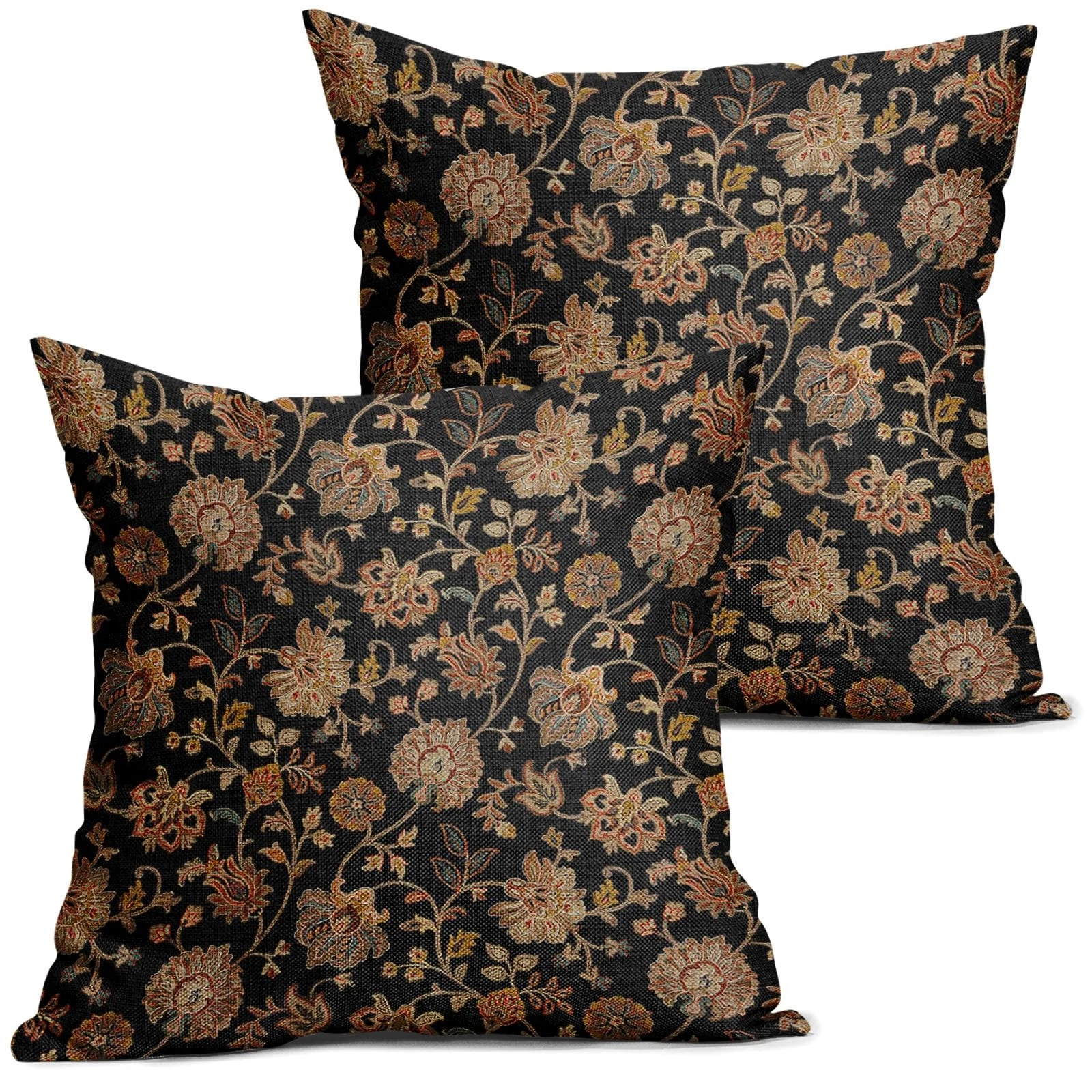 Black Brown Floral Pillow Covers 18X18 Inch Set of 2 Vintage Boho Carpet Flow...
