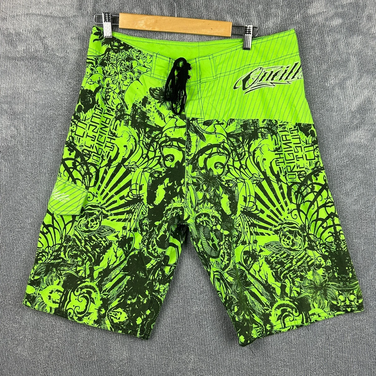 O Neill Board Shorts Mens Size 36 Green Graphic Print Hook Loop