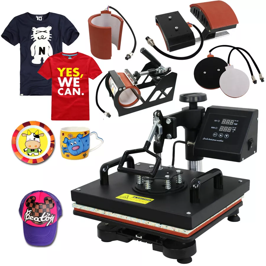 PC Universal Sublimation Bundle with Printer, 5-in-1 Heat Press Machine &  T-shirts & Assorted Mugs, Transfer Paper, Heat Tape, ALL INCLUDED 