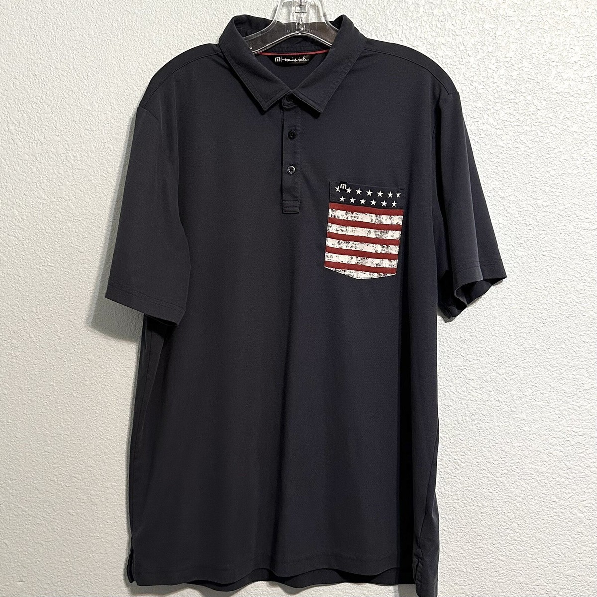 Travis Mathew ゴルフシャツ ネイビー M Travis Mathew Navy Golf Polo Shirt American Flag Pocket Mens